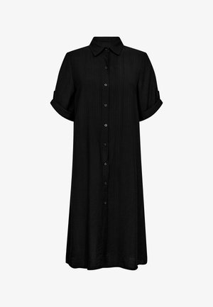 Musta lyhythihainen napillinen mekko, jossa on kaulus, teksturoitu kangas ja käännetyt hihat, joka ulottuu polveen asti.