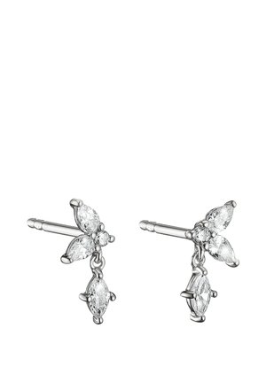 Zilveren oorknopjes met drie kleine marquise en één ronde heldere edelsteen, gerangschikt in een cluster met een hangende marquise-vormige steen.