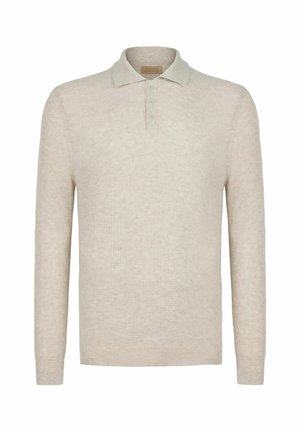 Beiger Polo-Pullover mit langen Ärmeln und Rippenstruktur, drei Knöpfen am Kragen und weichem Strickstoff.