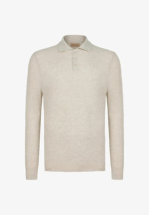 Beiger Polo-Pullover mit langen Ärmeln und Rippenstruktur, drei Knöpfen am Kragen und weichem Strickstoff.