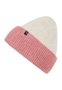 Berretto lavorato a maglia con cima crema e risvolto a coste rosa. Presenta un piccolo tag con logo nero. Tessuto morbido, vestibilità aderente e forma conica.