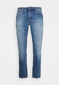 Blue denim jeans with a straight-leg cut, featuring five pockets, belt loops, and a faded wash with light whiskering.