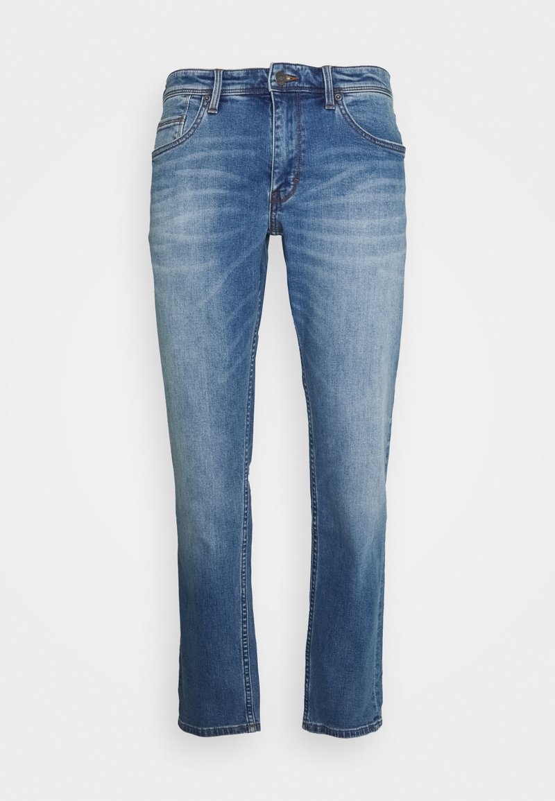 Blue denim jeans with a straight-leg cut, featuring five pockets, belt loops, and a faded wash with light whiskering.