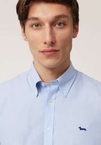 Lichtblauw gestreepte overhemd met knopen, een klassieke kraag en een kleine donkerblauwe teckelborduursel op de linkerkant van de borst.