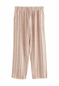 Pantalons légers rayés dans des tons de rose pâle et de crème, dotés d'une taille élastique, de poches latérales et d'un design large et décontracté.