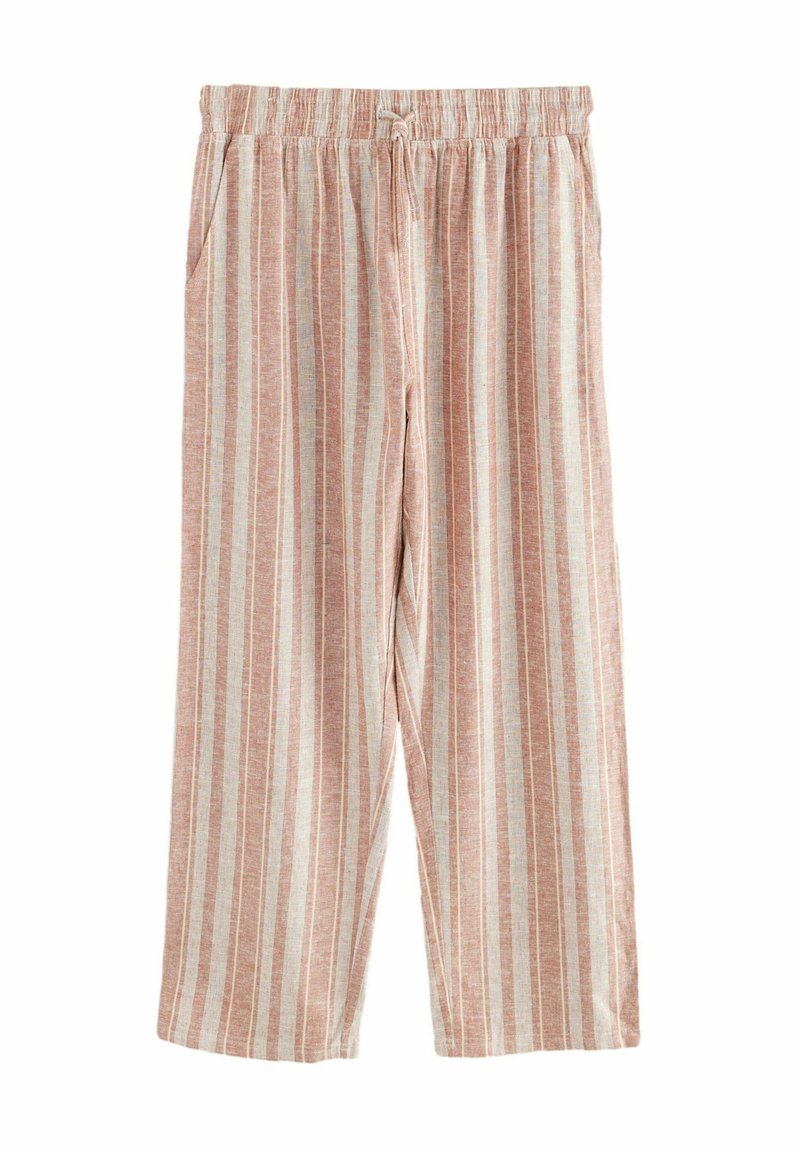 Pantalons légers rayés dans des tons de rose pâle et de crème, dotés d'une taille élastique, de poches latérales et d'un design large et décontracté.