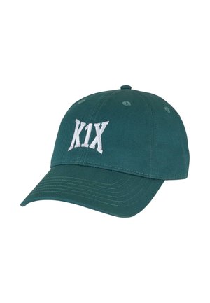 Teal cotton baseball cap with a curved brim, featuring white "K1X" embroidery on the front and six ventilation holes on top.