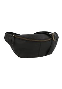 Schwarze Leder-Gürteltasche mit geschwungenem Design, Messing-Reißverschlussdetails und verstellbarem Riemen. Besitzt eine glatte Textur und dezente Nähte.
