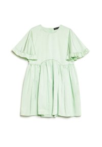 Svetlozeleno kratko oblačilo s kratkimi rokavi in nabrano obrobo rokavov, z nabranim pasom, okroglo ovratnico in zadrgo na hrbtu.