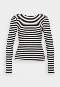 Svart og hvit stripete langermet topp med rund hals, tettsittende design, glatt stoff og en ren kant ved sømmen og mansjettene.