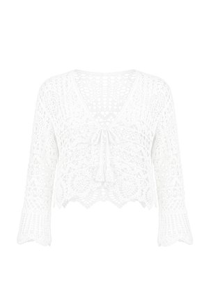 White crochet lace long-sleeve cropped top with V-neck and tie detail at the front, featuring scalloped hem and intricate floral patterns.