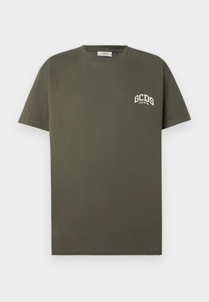 Olive green cotton t-shirt with short sleeves and a round neckline, featuring a small white printed logo on the left chest area.