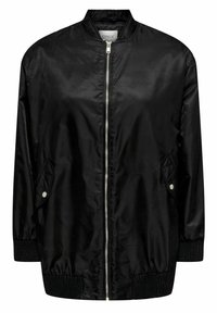 Blouson aviateur noir en nylon brillant. Présente une fermeture éclair à l'avant, des poignets et un ourlet côtelés, ainsi que des poches latérales avec des fermoirs pression. Design simple.