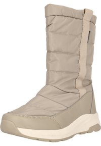 Beige geïsoleerde winterlaars met een gequilt bovenwerk van nylon, rubberen zool, elastische zijpaneel en gevoerde kraag voor comfort en warmte.