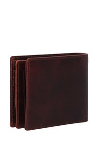 Brown leather wallet with a textured surface, bi-fold design, visible stitching, and three compartments for cards and cash.