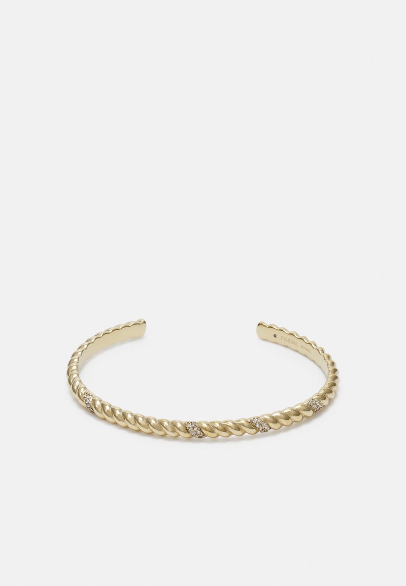 Gold-tone metal cuff bracelet with a twisted design, featuring three spaced diamond-like accents along the front. Smooth texture overall.