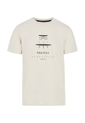 Svijetlo bež pamučna majica kratkih rukava, s crnim grafičkim printom skateboarda i natpisom "PROTEST SPORTSWEAR EST.93."