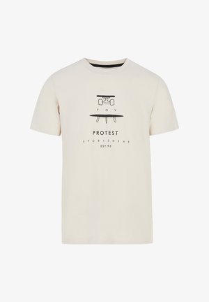 Svijetlo bež pamučna majica kratkih rukava, s crnim grafičkim printom skateboarda i natpisom "PROTEST SPORTSWEAR EST.93."