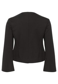 Svart figursydd jacka med en slät yta, långa ärmar och en ren baksidesdesign. Ingen ytterligare hårdvara eller mönster synliga.