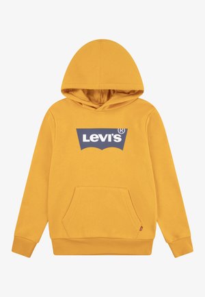 Gelber Kapuzenpullover aus Baumwolle mit einem marineblauen Levi's-Logo auf der Vorderseite, Kängurutasche und gerippten Bündchen.