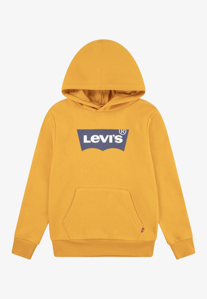 Sweat à capuche jaune en coton, avec un logo Levi's bleu marine sur le devant, poche kangourou et poignets côtelés.