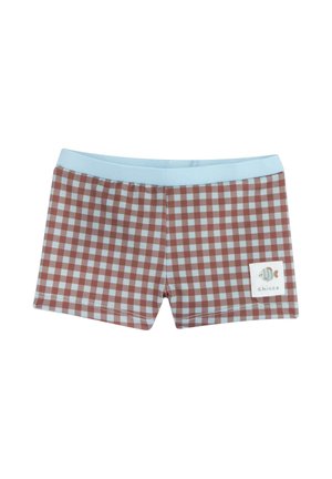 Bruine en blauwe geruite zwembroek met een lichtblauwe elastische tailleband en een klein vissymbool patch met "chicco" tekst. Soepele textuur.