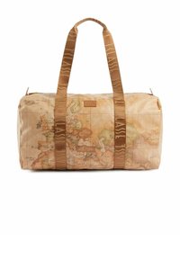 Borsa da viaggio con design mappa mondiale in toni beige, con strap marroni e chiusura con cerniera. Superficie testurizzata con dettagliate linee geografiche.