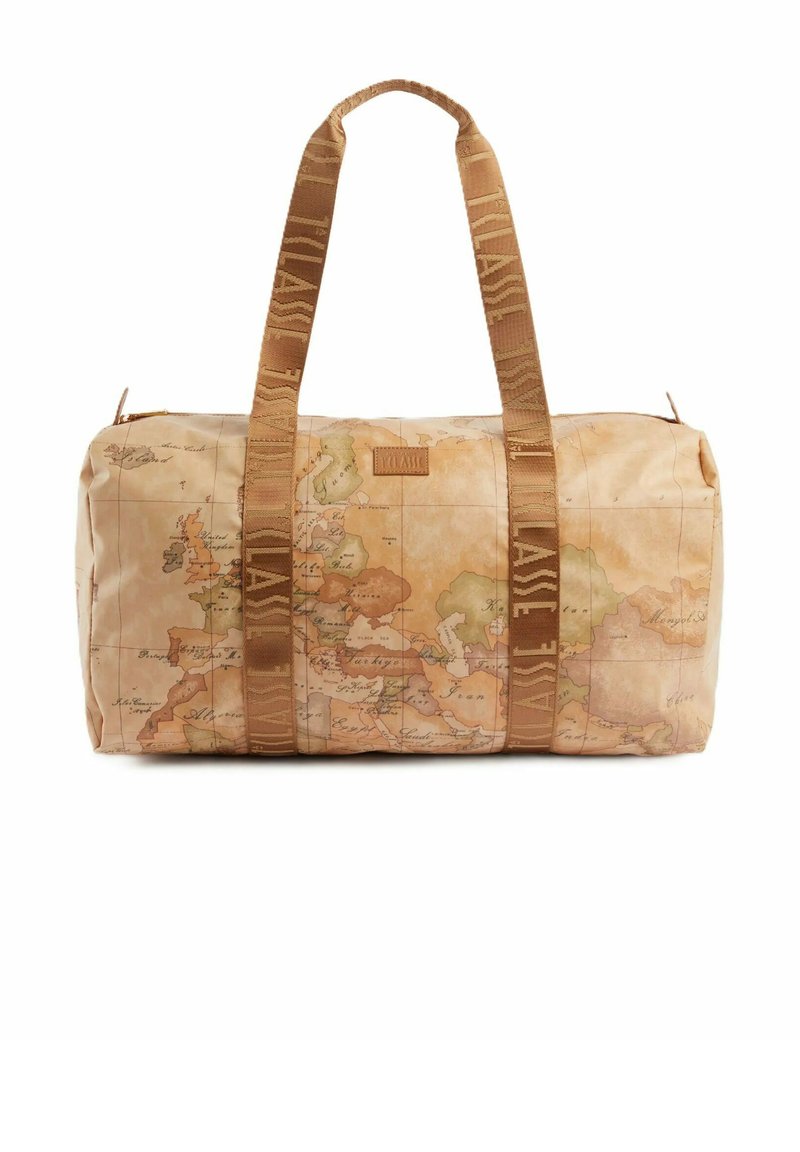 Borsa da viaggio con design mappa mondiale in toni beige, con strap marroni e chiusura con cerniera. Superficie testurizzata con dettagliate linee geografiche.