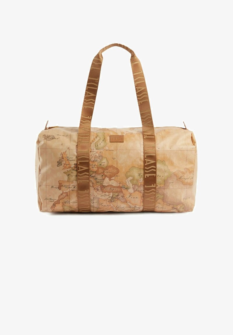Borsa da viaggio con design mappa mondiale in toni beige, con strap marroni e chiusura con cerniera. Superficie testurizzata con dettagliate linee geografiche.