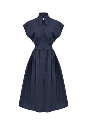 Granatowa, bezrękawna sukienka koszulowa z zapięciem na guziki z przodu, z wyciętym kołnierzem, marszczoną talią i rozkloszowaną midi spódnicą.