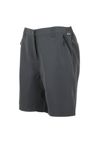 Dark gray knee-length shorts with zippered side pockets, a button closure, belt loops, and partial elastic waistband on one side.