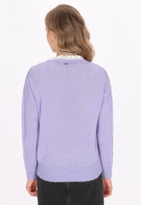 Maglione in lilla lavorato a maglia con scollatura rotonda e maniche lunghe. Presenta un orlo a coste e un tessuto testurizzato. Etichetta visibile sul retro.