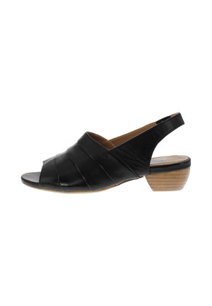Black leather open-toe slingback sandal with pleated upper and low stacked wooden block heel.