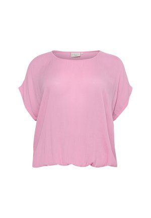 Gaiši rozā, brīvi pieguļoša blūze ar īsām piedurknēm, apaļu kakla izgriezumu un maigu tekstūru. Gluda auduma ar smalku spīdumu.