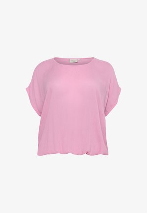 Heled roosa, laia lõikega pluus lühikeste varrukatega, ümar kaelus ja pehme tekstuur. Sile kangas, millel on õrn sära.