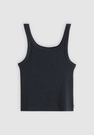 Fekete bordázott trikó széles vállpántokkal és mélyen kivágott nyakkivágással, világosszürke háttéren elhelyezve.