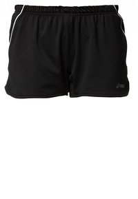 Shorts de sport noirs avec une taille élastique, des poches latérales, des bandes blanches en accent et un logo sur le bas devant.