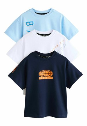 Three short-sleeve T-shirts in light blue, white, and navy. Cotton fabric with graphic prints, featuring a globe design in orange on the navy.
