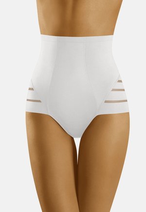 Hochtailliertes, weißes Shapewear mit glatter Textur, ausgestattet mit durchsichtigen seitlichen Einsätzen und drei horizontalen Streifen für Belüftung und Stil.