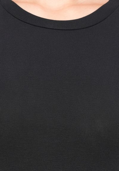 Black stretch fabric t-shirt featuring a rounded neckline and smooth texture, suitable for casual wear.