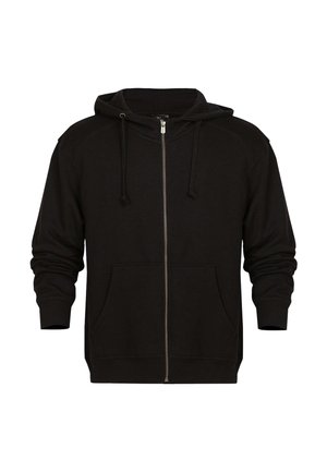 Felpa nera con zip e cappuccio regolabile, tasche frontali, polsini e orlo a costine. Realizzata in tessuto morbido e spesso con una vestibilità casual.