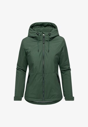 Giacca impermeabile verde con zip full, cappuccio regolabile e due tasche laterali. Presenta una texture liscia e un design aderente.