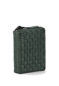 Green leather wallet with a woven texture on one side, featuring a zip closure and a compact, rectangular shape.