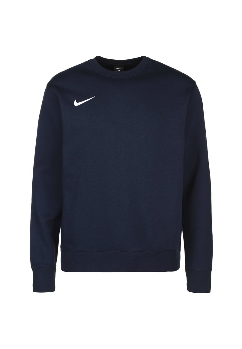 Sudadera azul marino con mangas largas, cuello redondo y un logo blanco de Nike en el lado izquierdo del pecho. Hecha de una tela suave y texturizada.