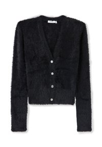 Cardigan in pelliccia sintetica nera con scollatura a V profonda, sei bottoni con dettagli floreali e maniche lunghe. Il tessuto testurizzato crea un aspetto morbido.