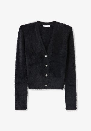 Cardigan in pelliccia sintetica nera con scollatura a V profonda, sei bottoni con dettagli floreali e maniche lunghe. Il tessuto testurizzato crea un aspetto morbido.