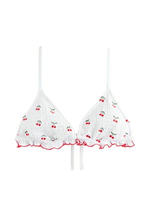 White triangle bikini top with red cherry embroidery, smocked texture, and ruffled edges. Features adjustable straps and a secure tie closure.