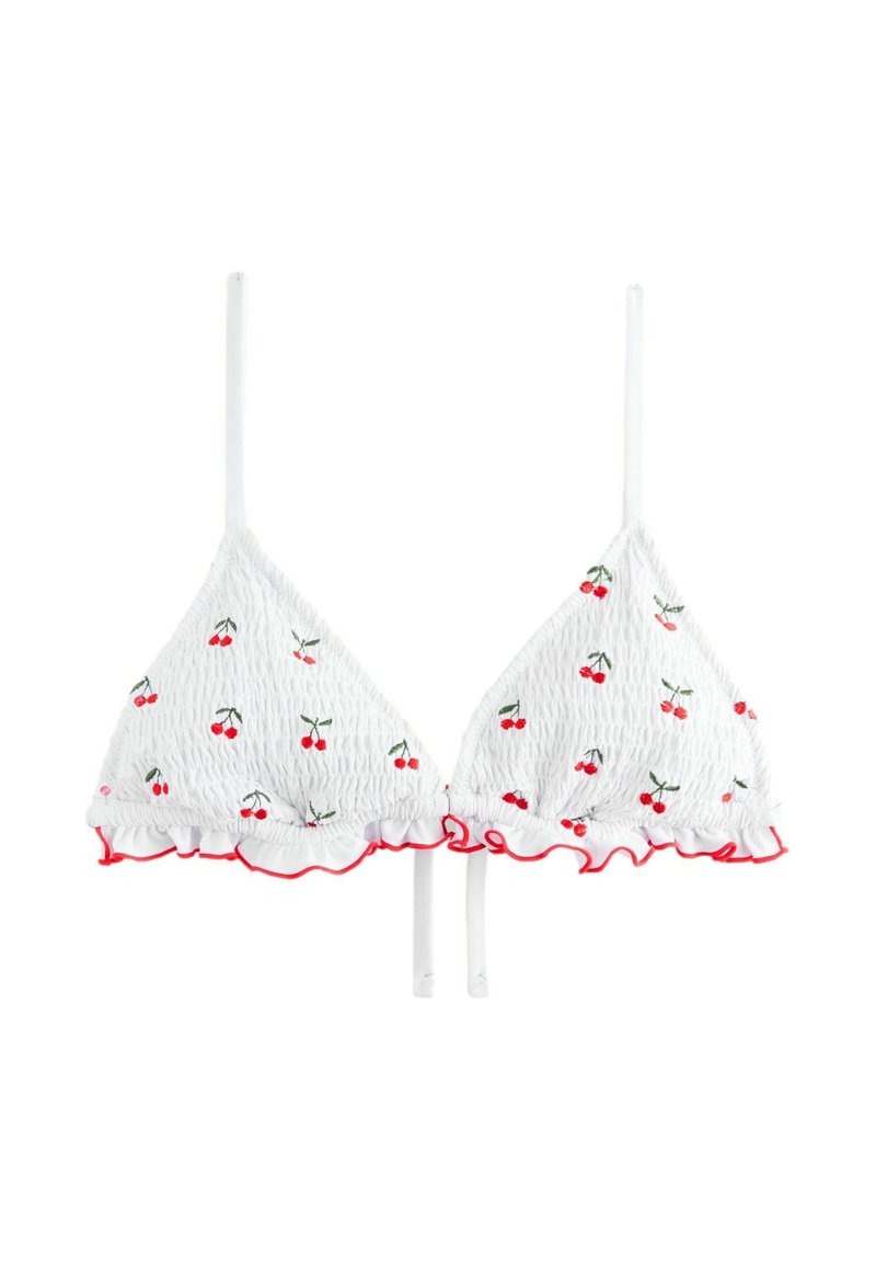 Weißer Triangel-Bikini-Oberteil mit roter Kirsch-Stickerei, gerafftem Textur und fransigen Kanten. Mit verstellbaren Trägern und einem sicheren Bindeverschluss.