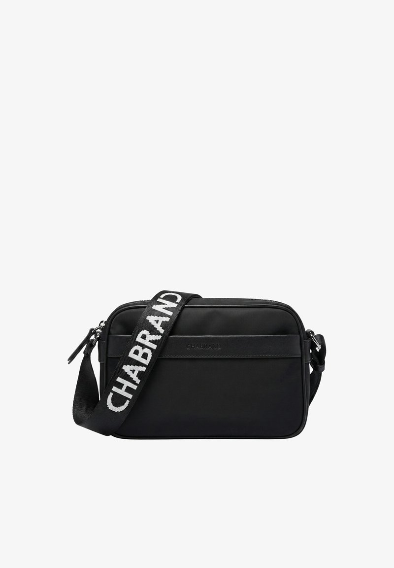 Sac d'épaule noir en tissu lisse, de forme rectangulaire, avec un accent logo sur le devant et une sangle ajustable à motif.