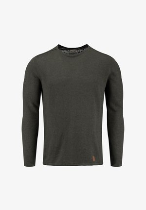 Suéter de manga larga de color verde oscuro, confeccionado en un material de punto suave. Presenta un cuello redondo, costuras planas y una pequeña etiqueta color beige en el dobladillo.